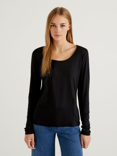 Benetton Sustainable Stretch Viscose Long Sleeve T-shirts Dames Zwart | BE430301