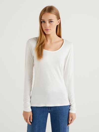 Benetton Sustainable Stretch Viscose Long Sleeve T-shirts Dames Wit | BE487379