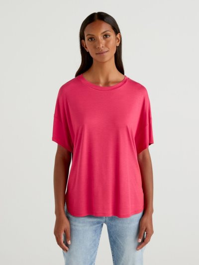 Benetton Sustainable Stretch Viscose Short Sleeve T-shirts Dames Cyclamen | BE822527