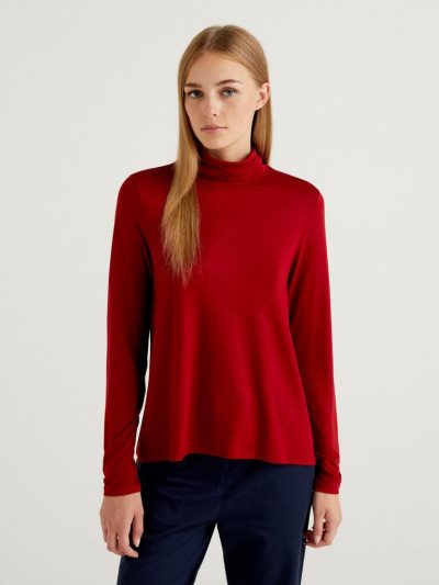 Benetton Sustainable Stretch Viscose Turtleneck Long Sleeve T-shirts Dames Bordeaux | BE190980