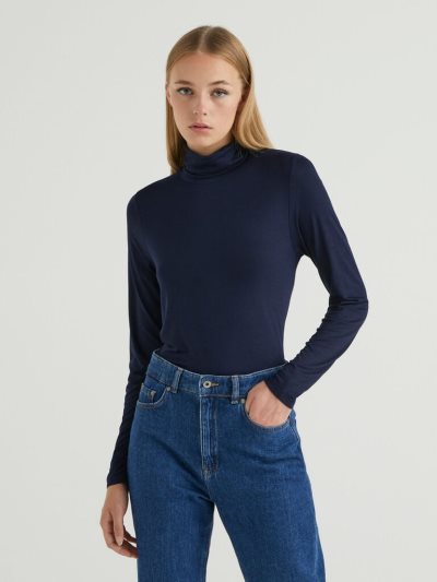 Benetton Sustainable Stretch Viscose Turtleneck Long Sleeve T-shirts Dames Donkerblauw | BE856927