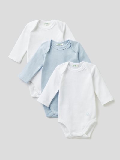 Benetton Three Solid Color Organic Katoenen Bodysuits Kinderen Lichtblauw | BE182654