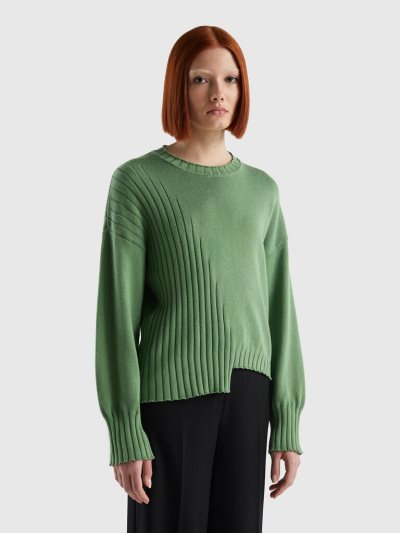 Benetton Uneven Bottom Crew Neck Sweaters Dames Groen | BE257703