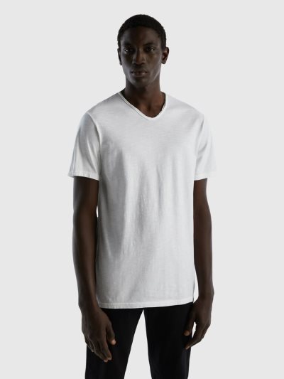 Benetton V-neck 100% Katoenen Short Sleeve T-shirts Heren Wit | BE700366