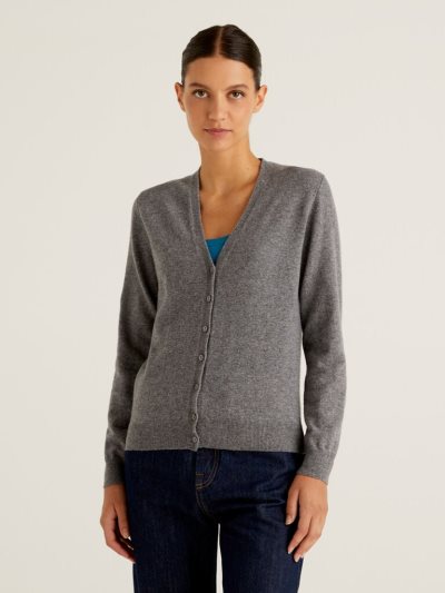 Benetton V-neck Pure Merino Wol Cardigan Dames Grijs | BE088497