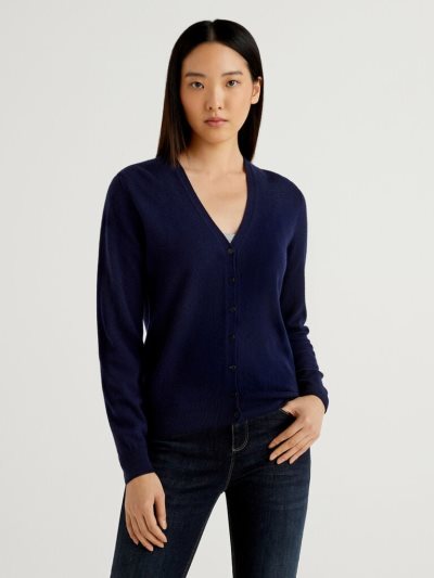 Benetton V-neck Pure Merino Wol Cardigan Dames Donkerblauw | BE107090