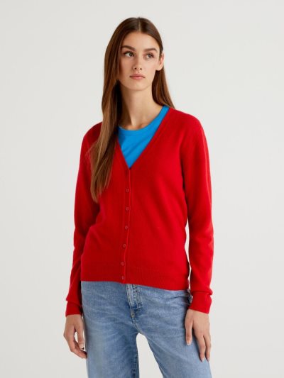 Benetton V-neck Pure Merino Wol Cardigan Dames Rood | BE675773