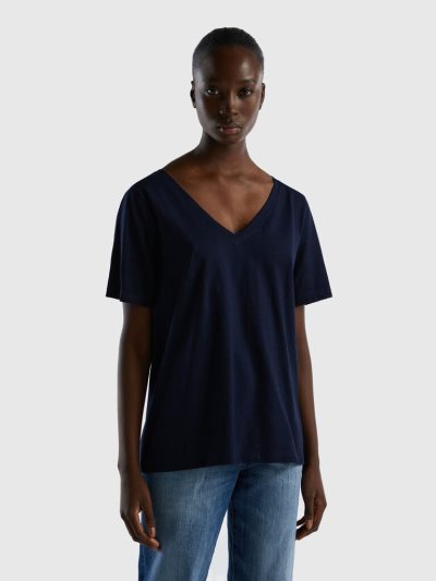 Benetton V-neck Slub Katoenen Short Sleeve T-shirts Dames Donkerblauw | BE752359