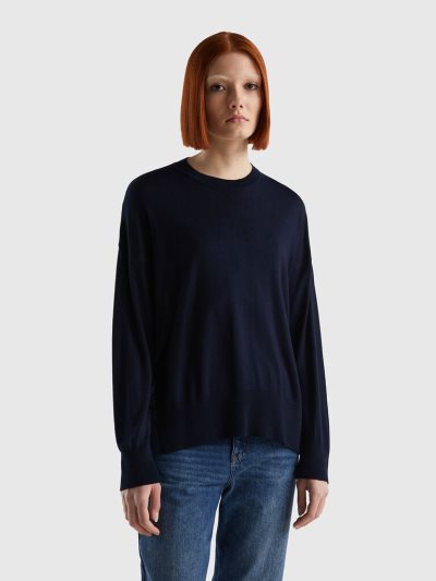 Benetton Viscose Blend Slits Crew Neck Sweaters Dames Donkerblauw | BE038411