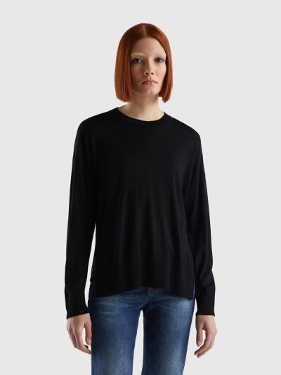 Benetton Viscose Blend Slits Crew Neck Sweaters Dames Zwart | BE423520