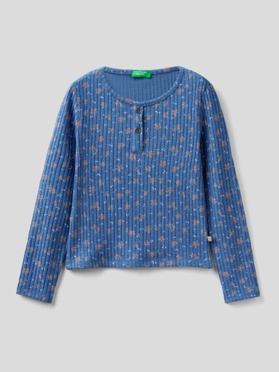 Benetton Warm Floral Print Long Sleeve T-shirts Kinderen Blauw | BE172293