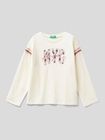 Benetton Warm Katoenen Glitter Long Sleeve T-shirts Kinderen Wit | BE591870