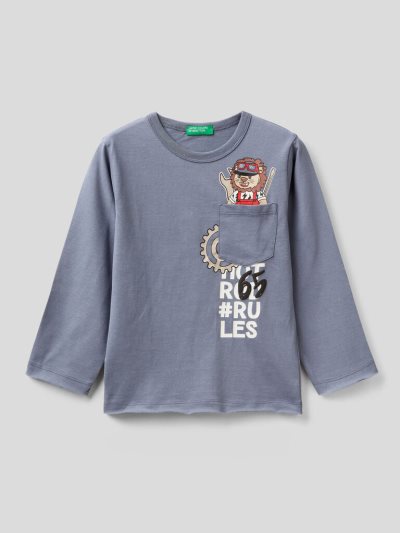 Benetton Warm Katoenen Pocket Long Sleeve T-shirts Kinderen Blauw | BE278418