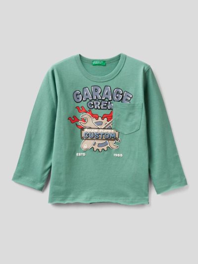 Benetton Warm Katoenen Pocket Long Sleeve T-shirts Kinderen Groen | BE892730