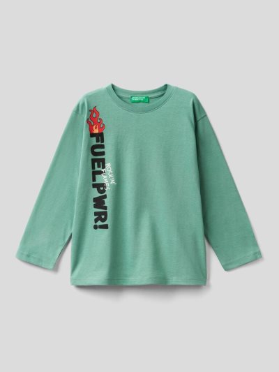 Benetton Warm Katoenen Print Long Sleeve T-shirts Kinderen Groen | BE083806