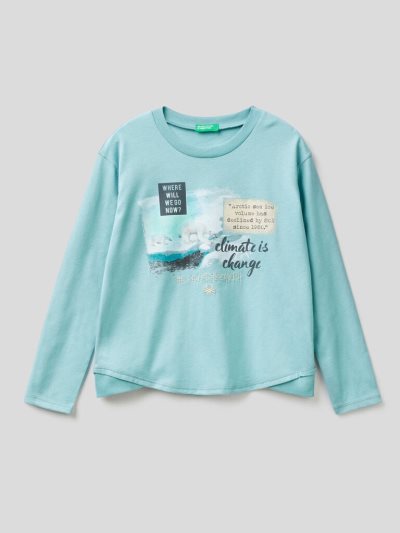 Benetton Warm Katoenen Print Long Sleeve T-shirts Kinderen Lichtblauw | BE207752