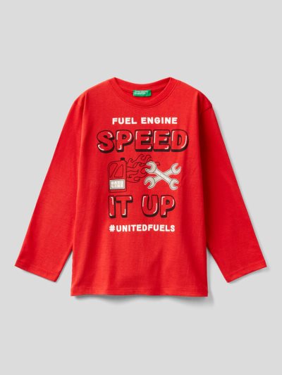 Benetton Warm Katoenen Print Long Sleeve T-shirts Kinderen Rood | BE400111