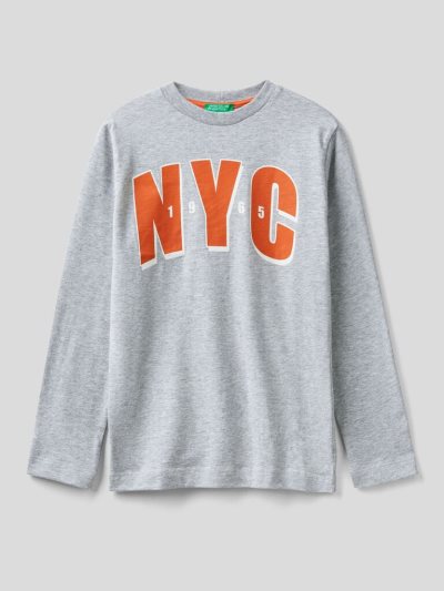 Benetton Warm Katoenen Print Long Sleeve T-shirts Kinderen Grijs | BE902899