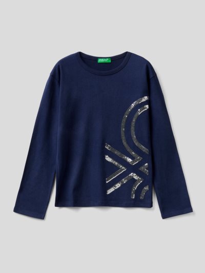 Benetton Warm Katoenen Sequins Long Sleeve T-shirts Kinderen Donkerblauw | BE629138