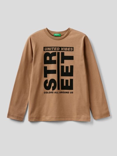 Benetton Warm Organic Katoenen Print Long Sleeve T-shirts Kinderen Beige | BE795569