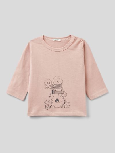 Benetton Warm Organic Katoenen Print T-shirts Kinderen Roze | BE094962