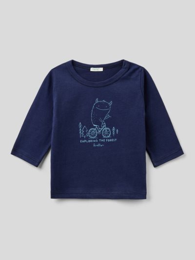 Benetton Warm Organic Katoenen Print T-shirts Kinderen Donkerblauw | BE672109