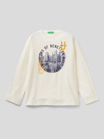 Benetton Warm Photo Print Long Sleeve T-shirts Kinderen Wit | BE196453