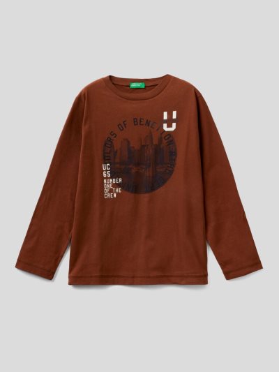 Benetton Warm Photo Print Long Sleeve T-shirts Kinderen Bruin | BE413301