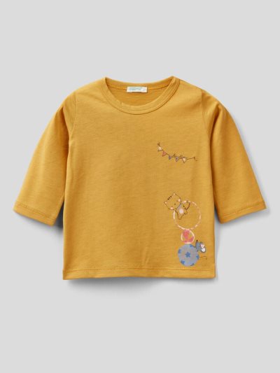 Benetton Warm Printed Organic Katoenen T-shirts Kinderen Geel | BE914840