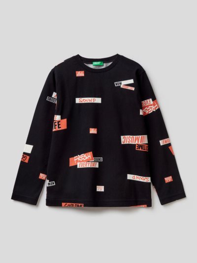 Benetton Warm Text Print Long Sleeve T-shirts Kinderen Zwart | BE493751