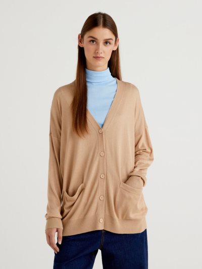 Benetton Wol And Cashmere Blend Cardigan Dames Beige | BE232593