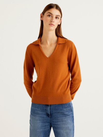 Benetton Wol And Cashmere V-neck Sweaters Dames Burnt | BE291764