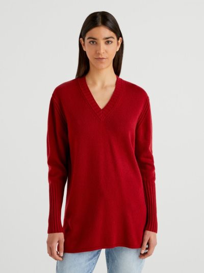 Benetton Wol Blend V-neck Truien Dames Bordeaux | BE665820