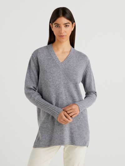 Benetton Wol Blend V-neck Truien Dames Grijs | BE818199