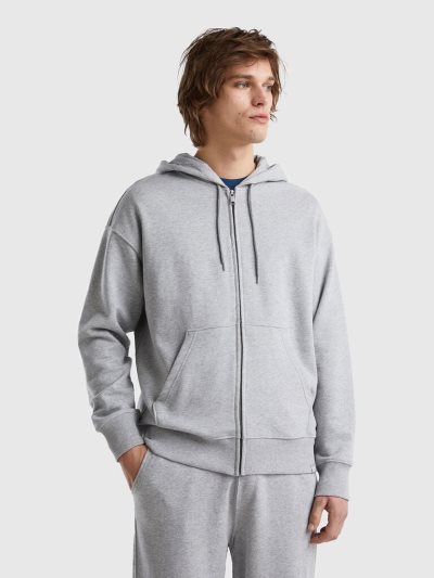 Benetton Zip-up Katoenen Hoodie Heren Lichtgrijs | BE450681