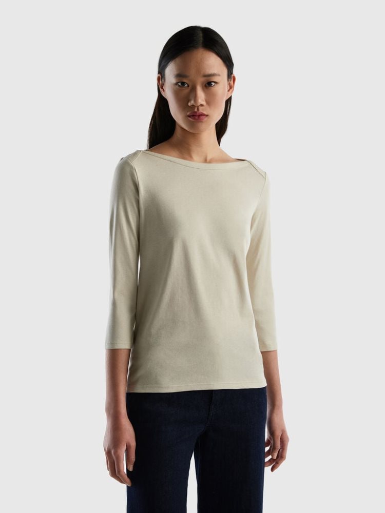 Benetton 100% Katoenen Boot Neck Long Sleeve T-shirts Dames Beige | BE018743