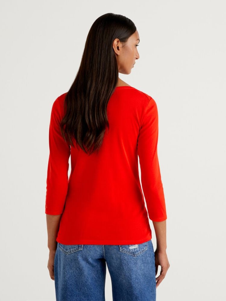 Benetton 100% Katoenen Boot Neck Long Sleeve T-shirts Dames Rood | BE412354