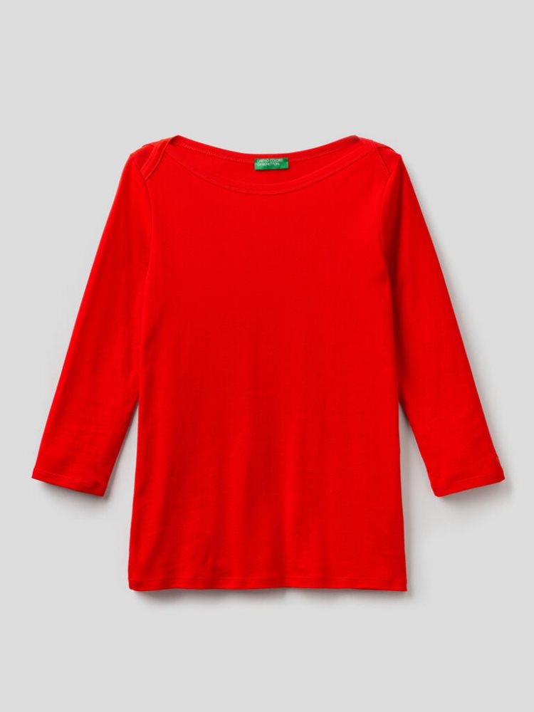 Benetton 100% Katoenen Boot Neck Long Sleeve T-shirts Dames Rood | BE412354