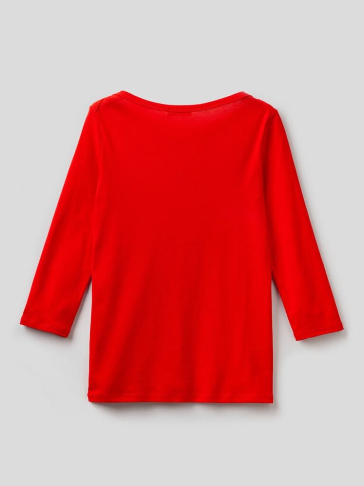 Benetton 100% Katoenen Boot Neck Long Sleeve T-shirts Dames Rood | BE412354