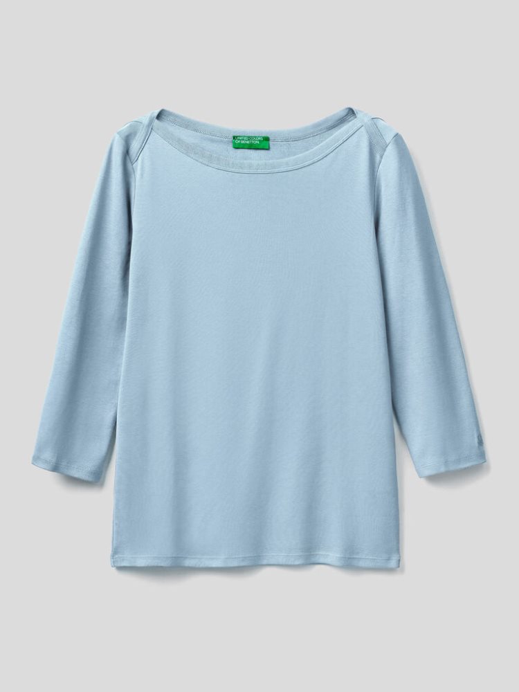 Benetton 100% Katoenen Boot Neck Long Sleeve T-shirts Dames Lichtblauw | BE533371