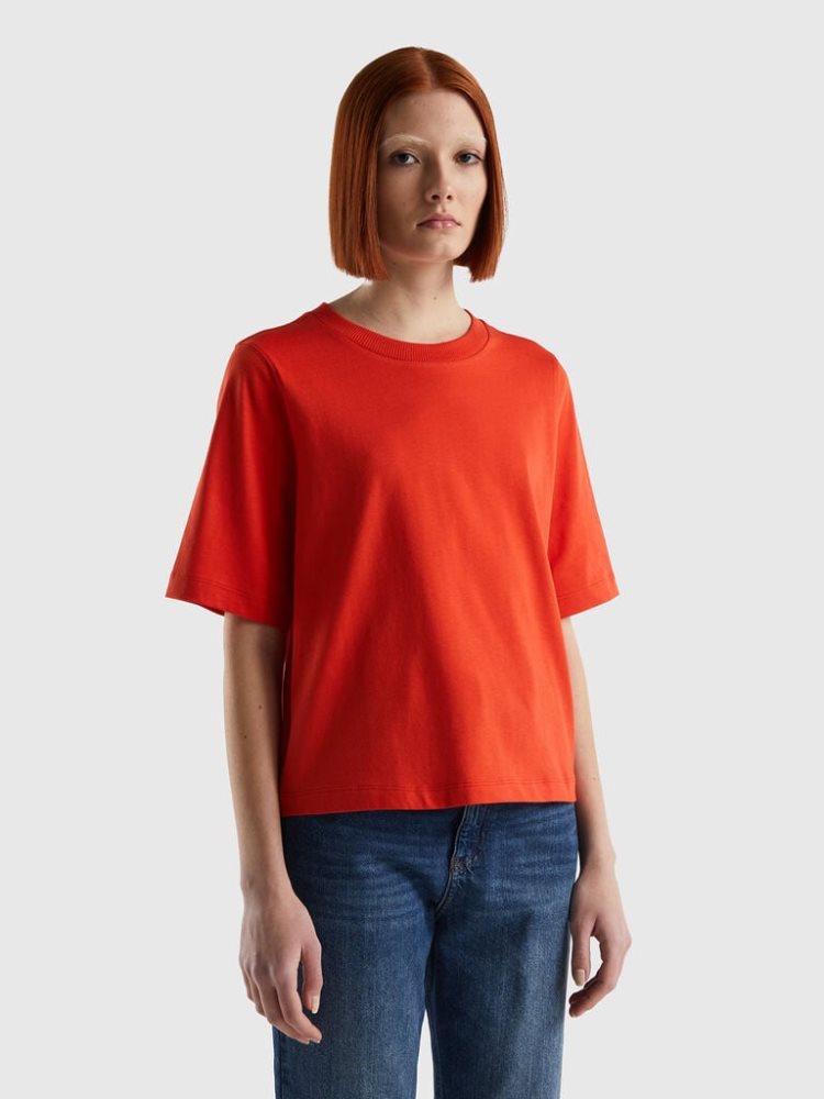 Benetton 100% Katoenen Boxy Fit Short Sleeve T-shirts Dames Rood | BE223430