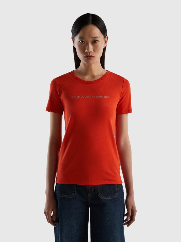 Benetton 100% Katoenen Glitter Print Logo Short Sleeve T-shirts Dames Rood | BE451573