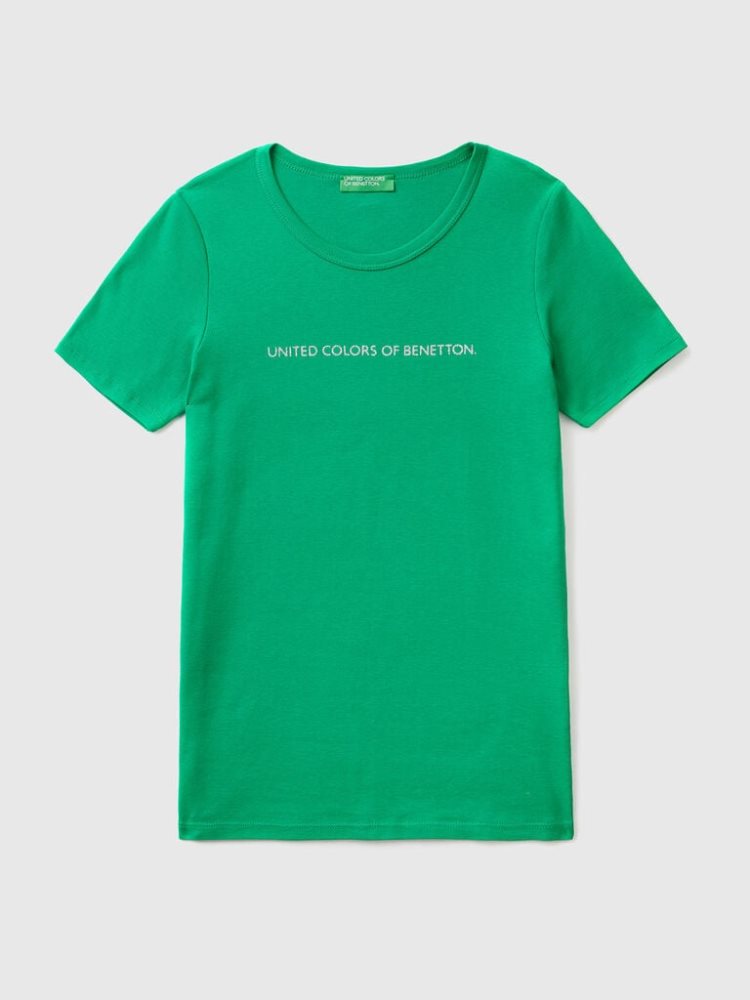 Benetton 100% Katoenen Glitter Print Logo Short Sleeve T-shirts Dames Groen | BE998763