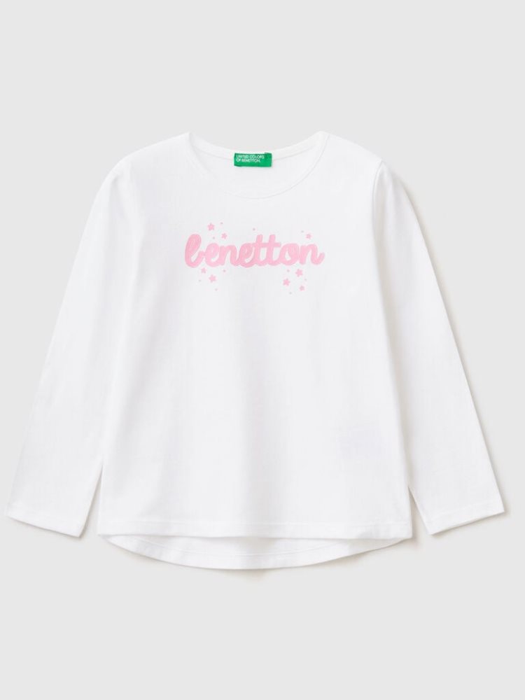 Benetton 100% Katoenen Logo Long Sleeve T-shirts Kinderen Wit | BE024710