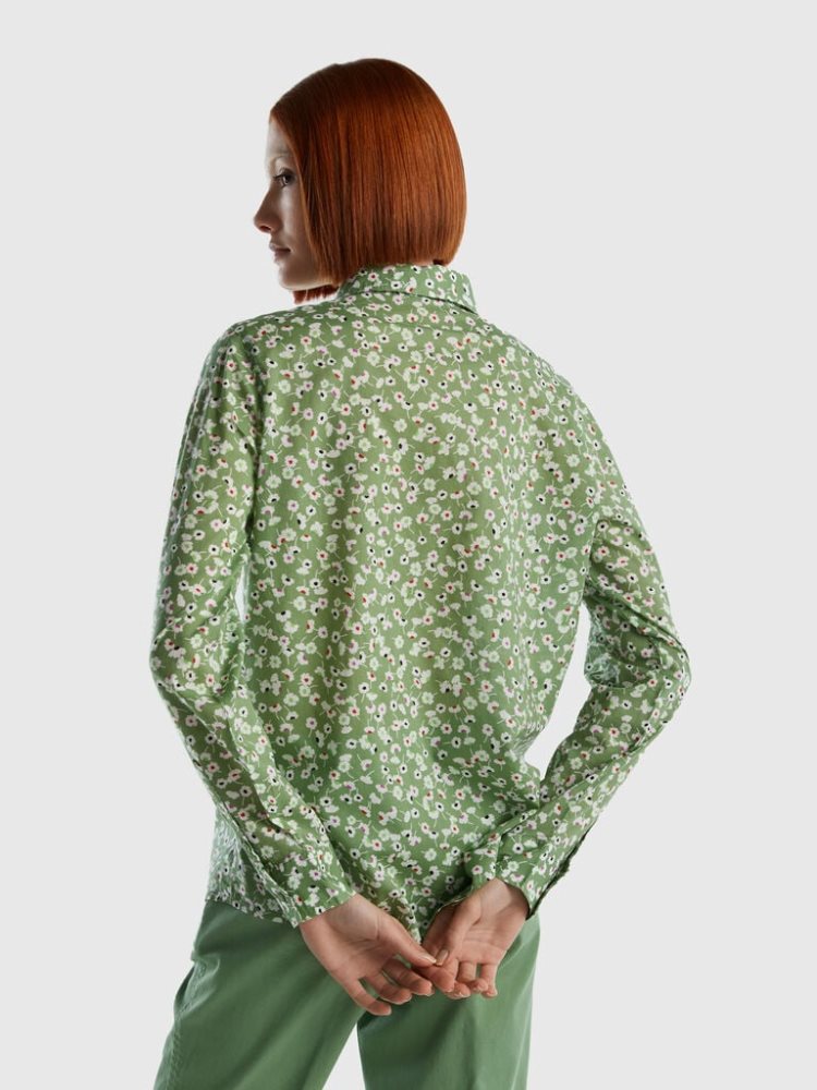 Benetton 100% Katoenen Patterned Overhemd Dames Olijfgroen Groen | BE407591