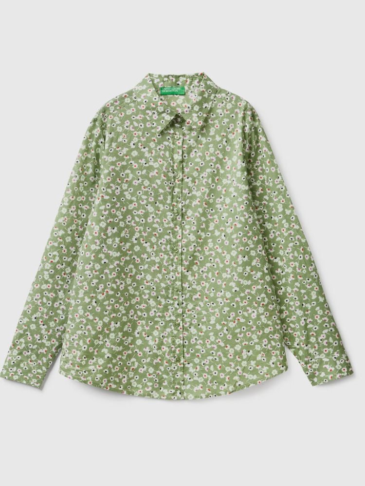 Benetton 100% Katoenen Patterned Overhemd Dames Olijfgroen Groen | BE407591