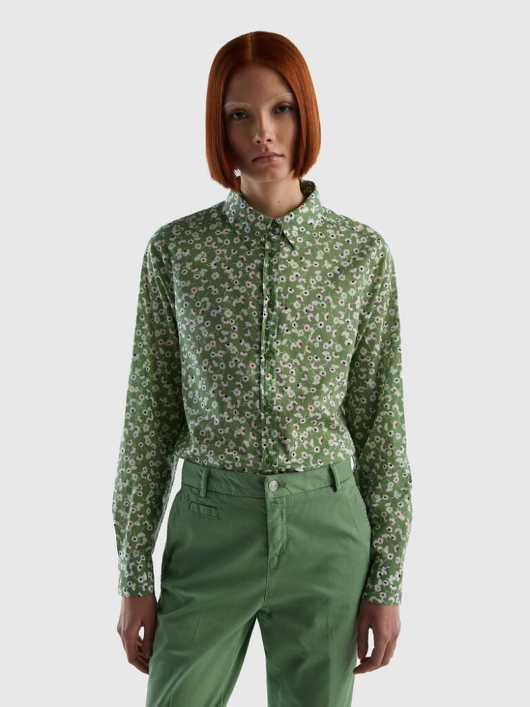 Benetton 100% Katoenen Patterned Overhemd Dames Olijfgroen Groen | BE407591