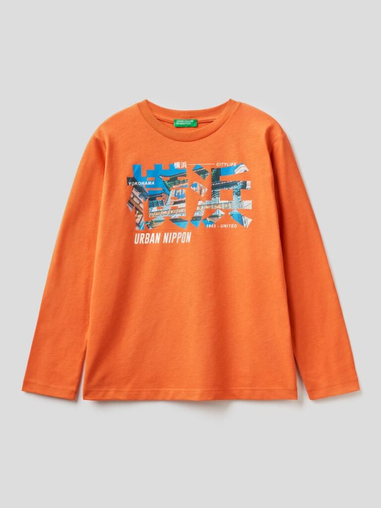 Benetton 100% Katoenen Print Long Sleeve T-shirts Kinderen Oranje | BE408099