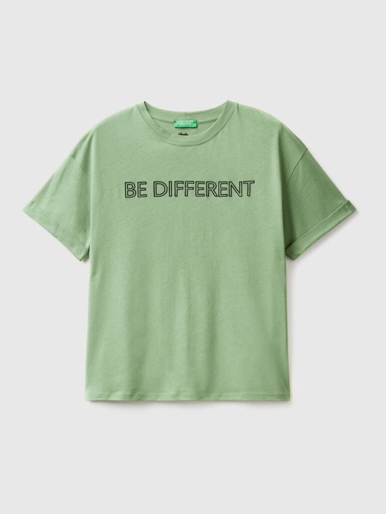 Benetton 100% Katoenen Slogan Short Sleeve T-shirts Dames Groen | BE027685