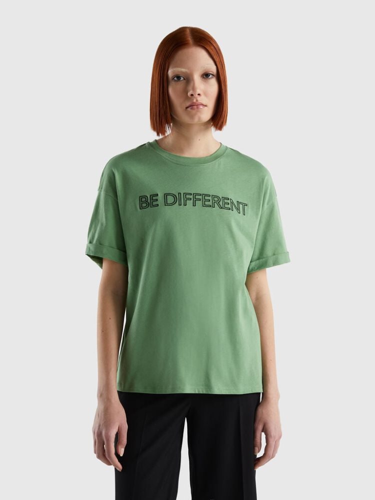 Benetton 100% Katoenen Slogan Short Sleeve T-shirts Dames Groen | BE027685